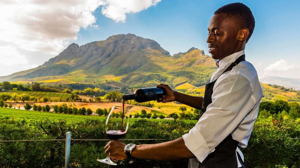 man pouring a glass of red wine with the winelands in the background, showcasing the best of travel in Cape Town in May